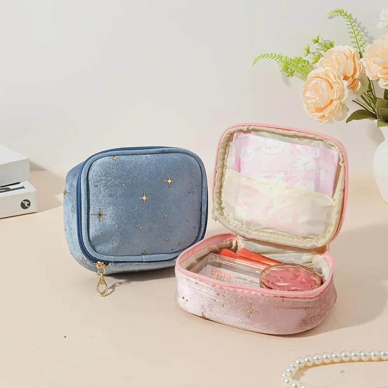 trousse de maquillage en velours sparkling star, pochette multi-usage de grande capacité avec fermeture éclair dorée pour pièces de monnaie de maquillage, 4 couleurs