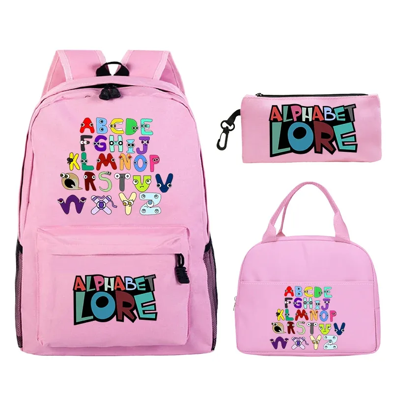 3 pièces/ensemble alphabet lore sac à dos garçons filles cartable sac à dos avec sac à déjeuner sac à crayons étudiants sac à dos sac de voyage confortable
