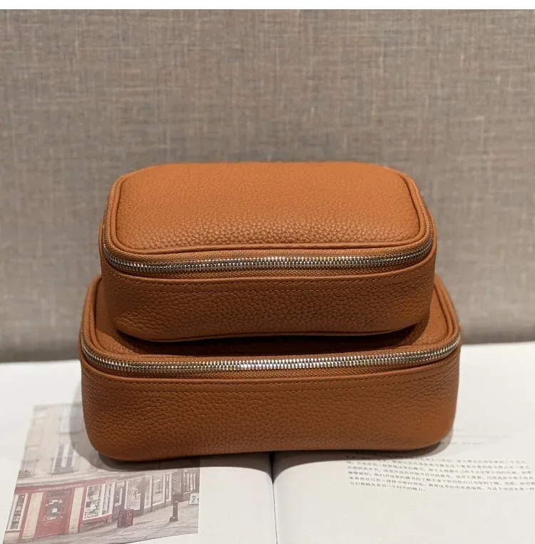 sac de maquillage en cuir véritable, design simple, cuir de vachette de première qualité, sac de toilette portable, sac de rangement pour cosmétiques pour femmes, sac de voyage