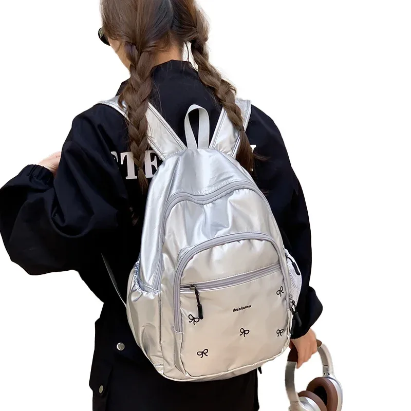 sac à dos en nylon argenté de grande capacité, cartable de voyage, observateur et étanche, pour femme