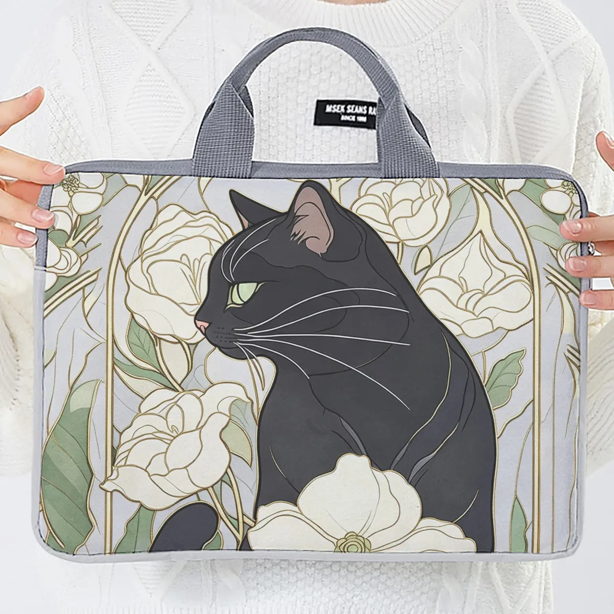 housse ordinateur portable impression chat noir fleurs polyester protection voyage travailler transport document travail