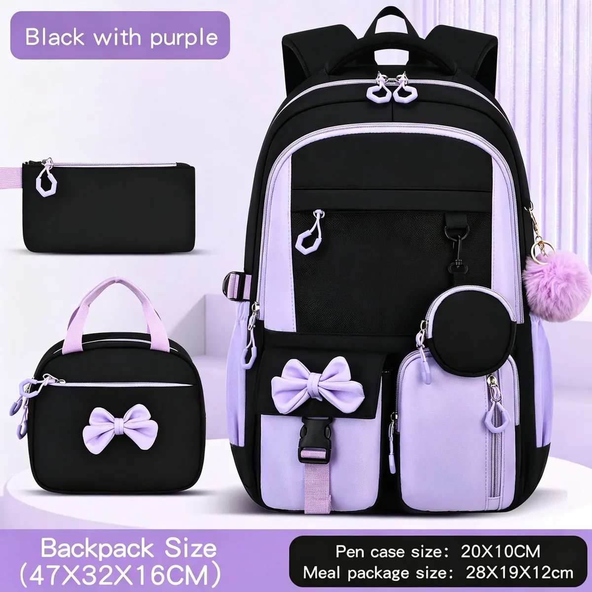 sac dos oxford polyester noir accents roses noeud papillon poche limon ceinture coussin air style préppy jacquard usage école voyage