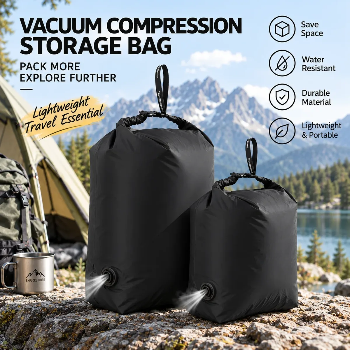 sac de compression sous vide pour glamping, pas de pompe nécessaire, organisateur d'équipement imperméable pour sac de couchage, doudoune, vanlife, économiseur d'espace