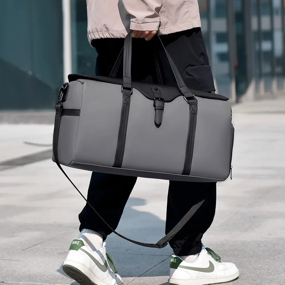 Sac de voyage de grande capacité pour les courts trajets, sac de sport simple et décontracté avec compartiment séparé pour vêtements secs et humides, sac de rangement pour bagages avec tige télescopique