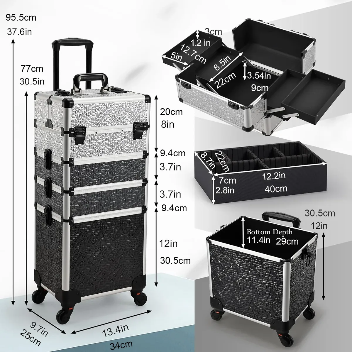 valise de cosmétologie rigide 4-en-1 en aluminium sur roulettes, grande capacité, avec 4 plateaux, chariot de maquillage roulant, valise de voyage pour tatouage, organisateur de vernis à ongles, boîte de rangement, valise de maquillage professionnelle de voyage avec clés
