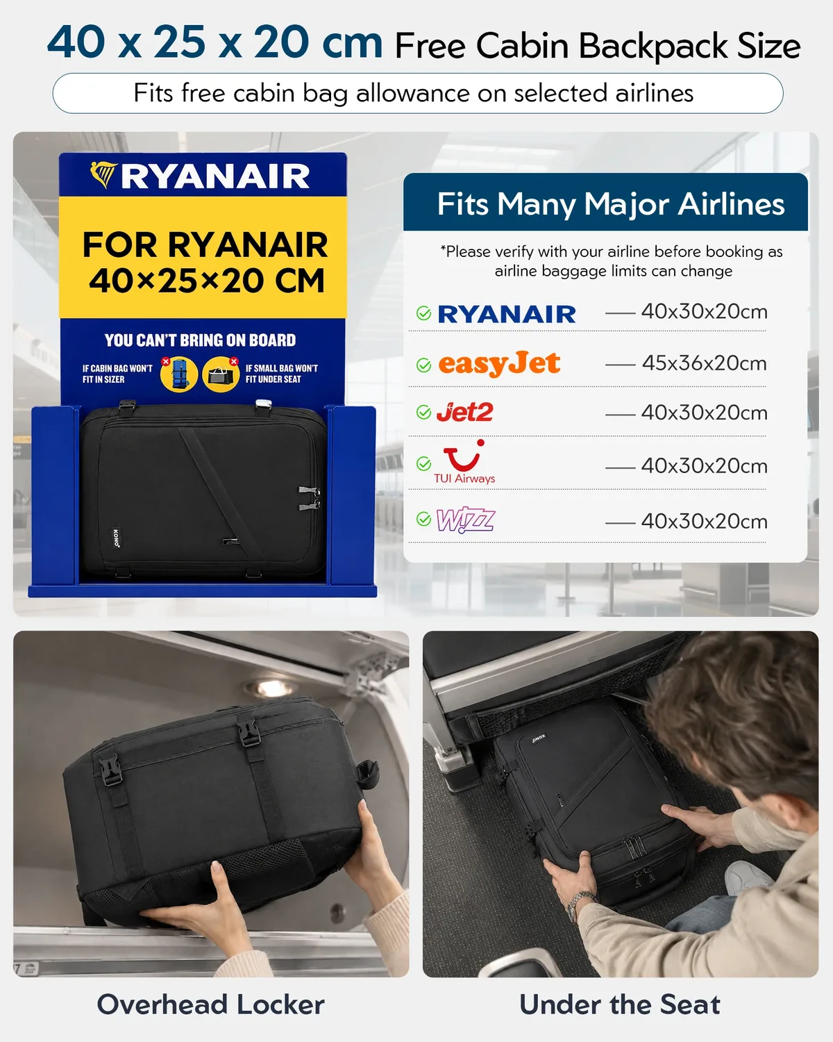 kono sac de cabine 40x20x25 cm pour sac à dos de bagage à main ryanair sous le siège, taille cabine 20l noir minimaliste