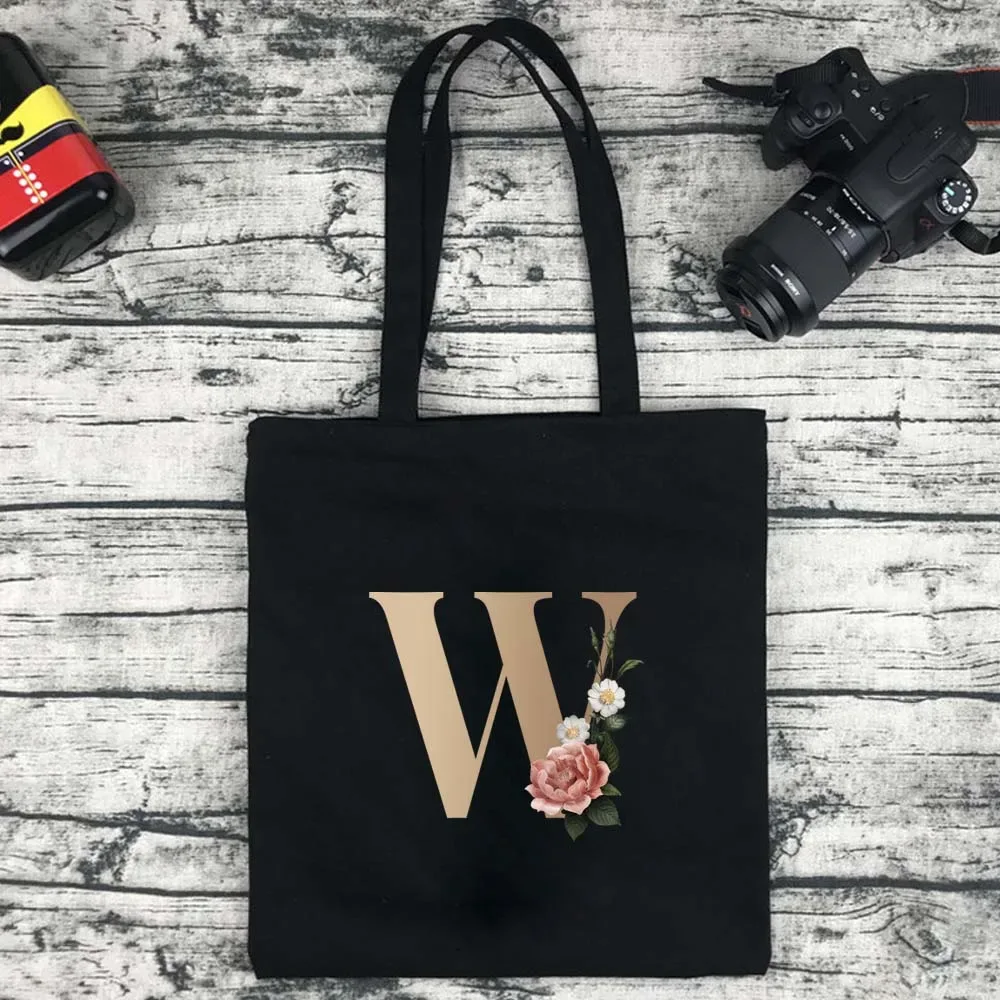 sac de shopping écologique pour femmes, sac à bandoulière portable pliable noir, sac à main réutilisable de grande capacité avec lettres, fourre-tout bolsos