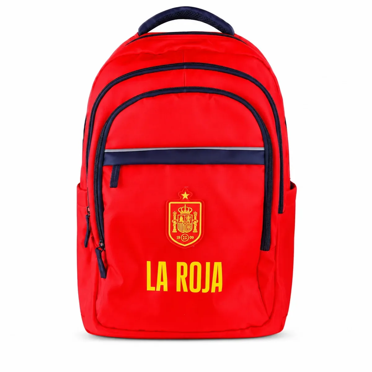 sac à dos scolaire la roja de l'équipe nationale de football espagnole "la roja", produit officiel sous licence. sac à dos de football de l'équipe nationale 43x30x18cm rouge et bleu marine avec compartiments.