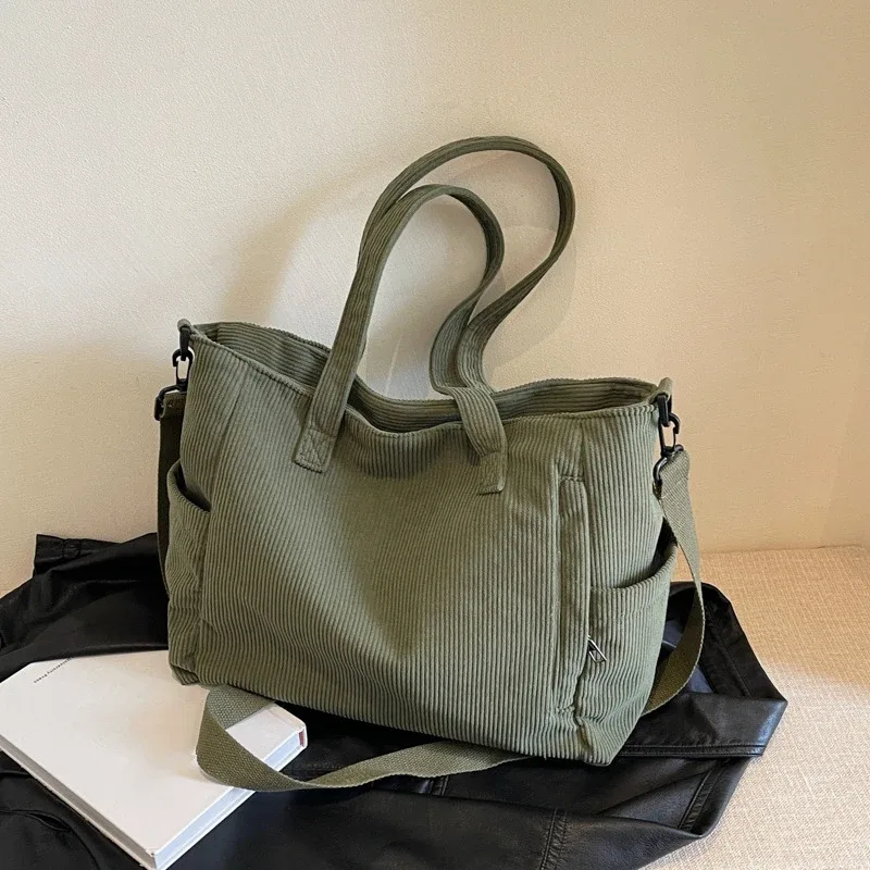 sac à main en velours côtelé pour femmes, fourre-tout décontracté, multi-poches, sangle réglable, sac à bandoulière, fermeture éclair initiée, automne, hiver