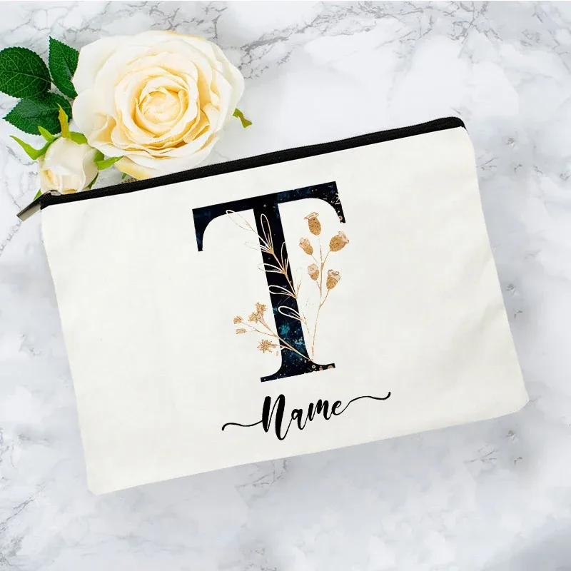 pochette organisatrice en toile noire et or de luxe avec initiales, sac de voyage pour cosmétiques, cadeau de toilette d'anniversaire avec nom personnalisé