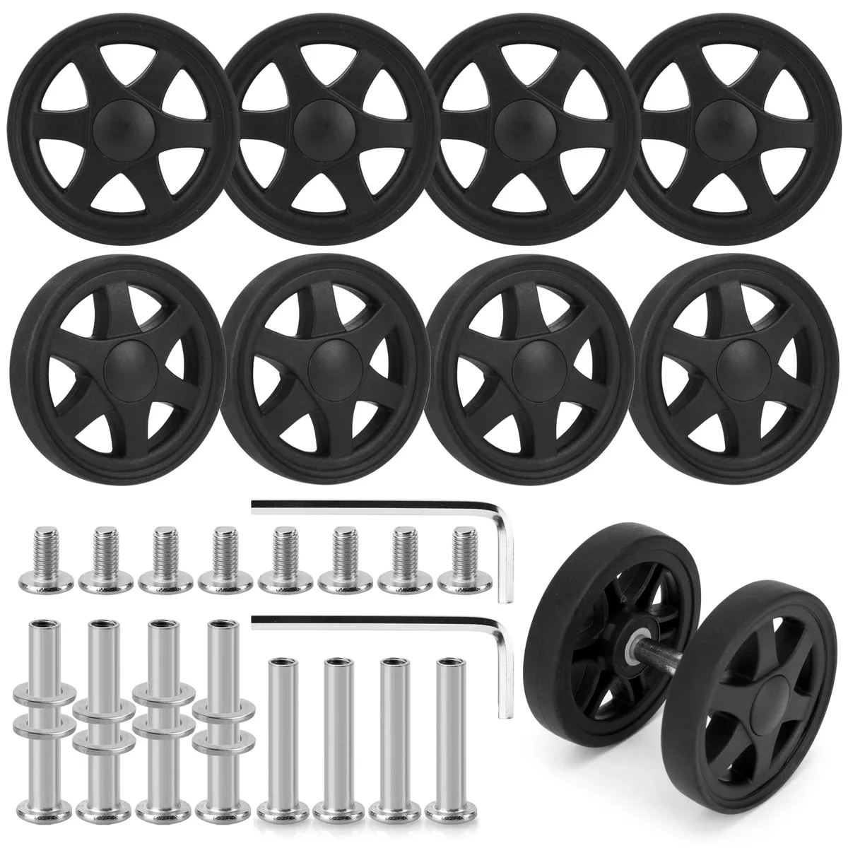 roues plastique noires motif six rayons axes métalliques remplacement valise mobilité facile terrain varié