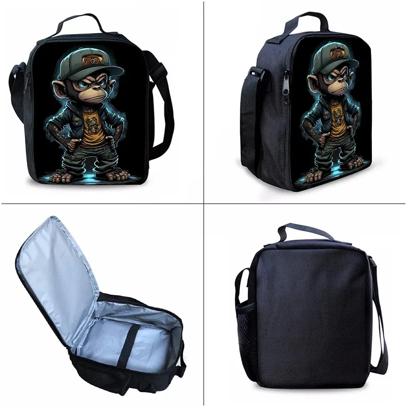 sac dos polyester noir motif singe stylisé bandoulière arquée couverture souple imperméable usage scolaire jeu décontracté