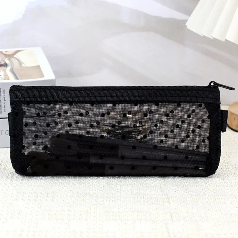 trousse de maquillage en maille transparente, trousse de maquillage cosmétique, porte-pinceau de maquillage, jolie fermeture éclair transparente, étui à crayons imprimé cœur noir, trousse à poudres