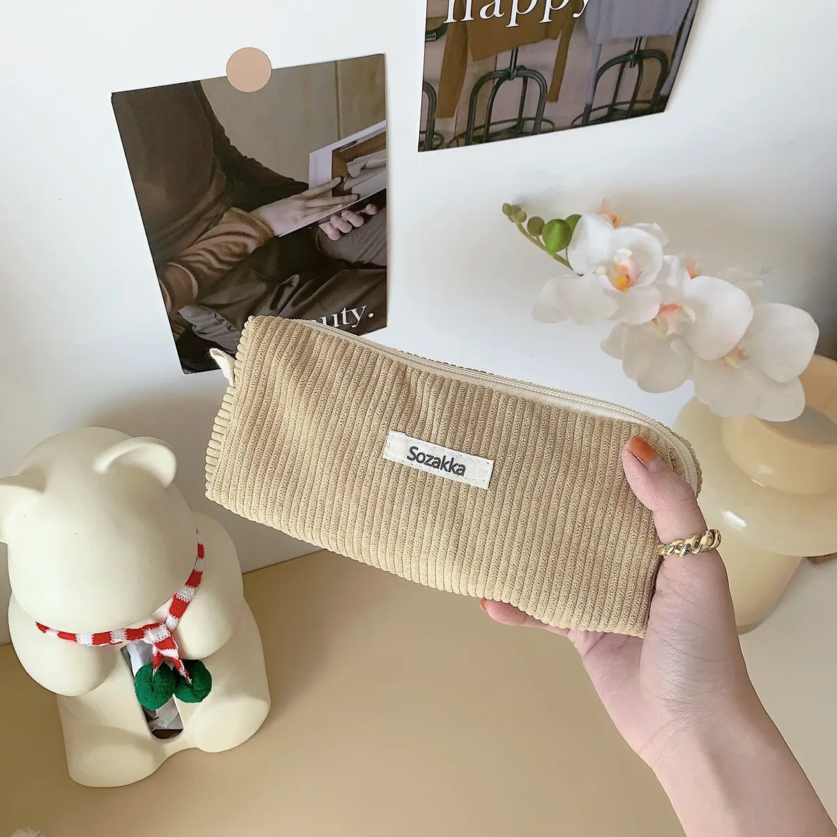 sac à stylos rétro en velours côtelé de couleur unie, boîte à crayons pour étudiants, pochette à crayons, sacs à cosmétiques pour femmes, sac de maquillage, sac de rangement pour clés et rouges à lèvres