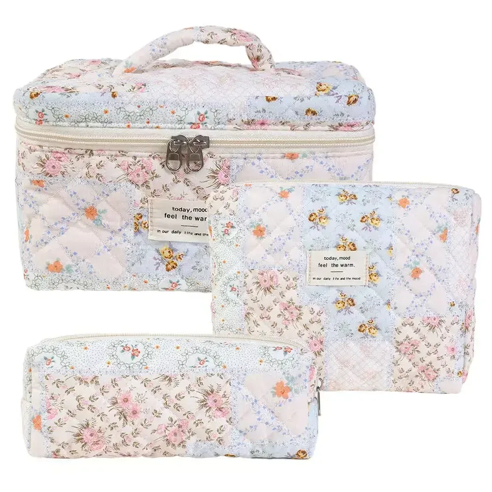 sac de maquillage en coton à fleurs mignonnes pour femmes, 1 pièce, organisateur de cosmétiques à fermeture éclair, sac à main en tissu en forme de boîte, trousse de toilette portable pour filles