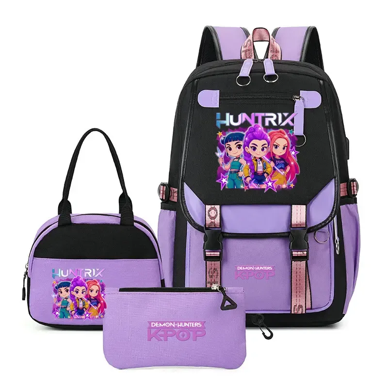 sac à dos kpop demon hunter pour adolescents, cartable de grande capacité, 3 pièces/ensemble avec sac à lunch pour femmes, étudiants, décontracté, confortable, pour voyage, mochilas