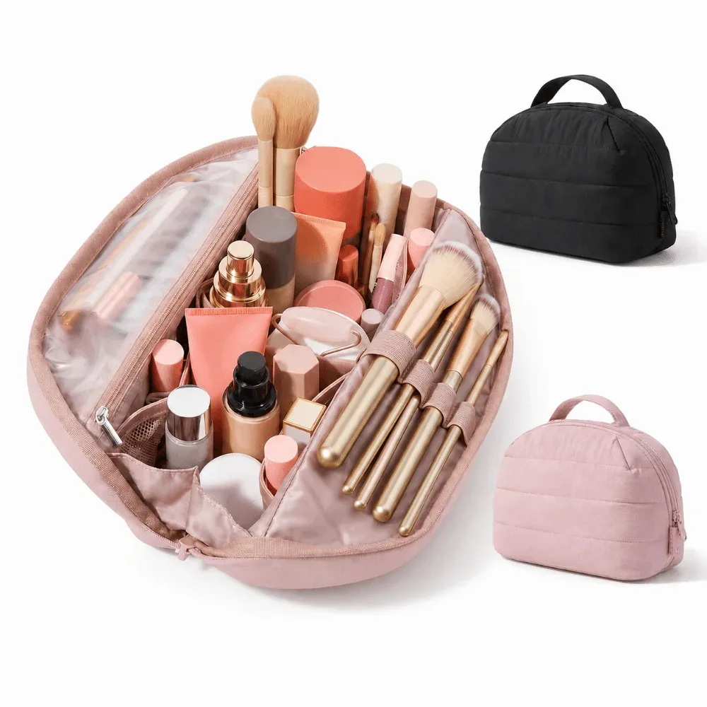 sac de maquillage de voyage pliable, multi-compartiments, séparateurs réglables, pochette de toilette, porte-pinceaux, fermeture à glissière, organisateur de maquillage
