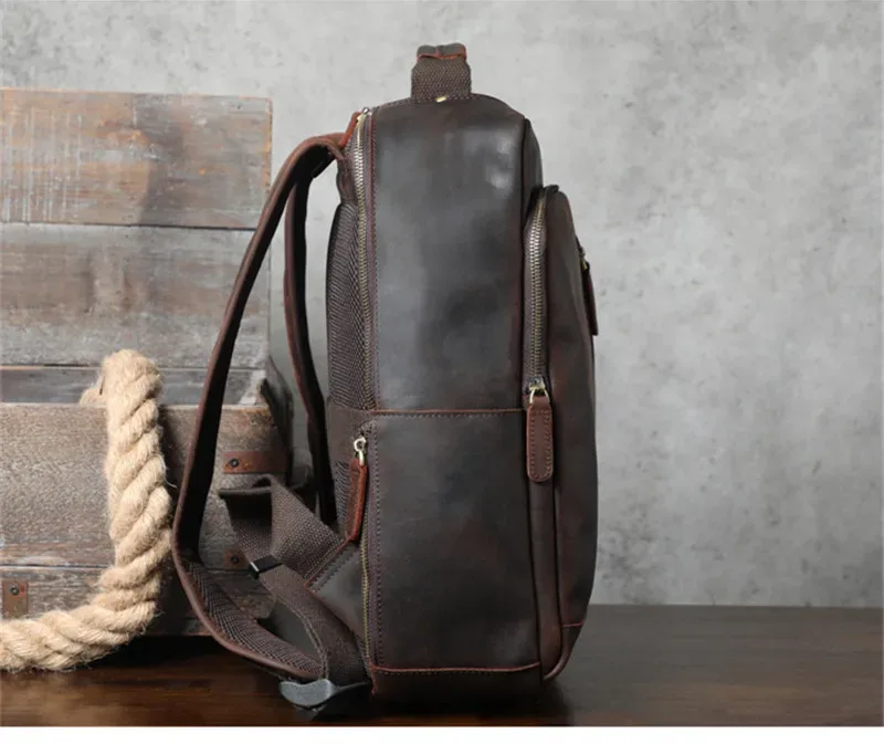 sac à dos vintage en cuir de vache crazy horse pour hommes, sac à dos de luxe de haute qualité en cuir véritable naturel, sac à dos de voyage en plein air pour ordinateur portable, cartable