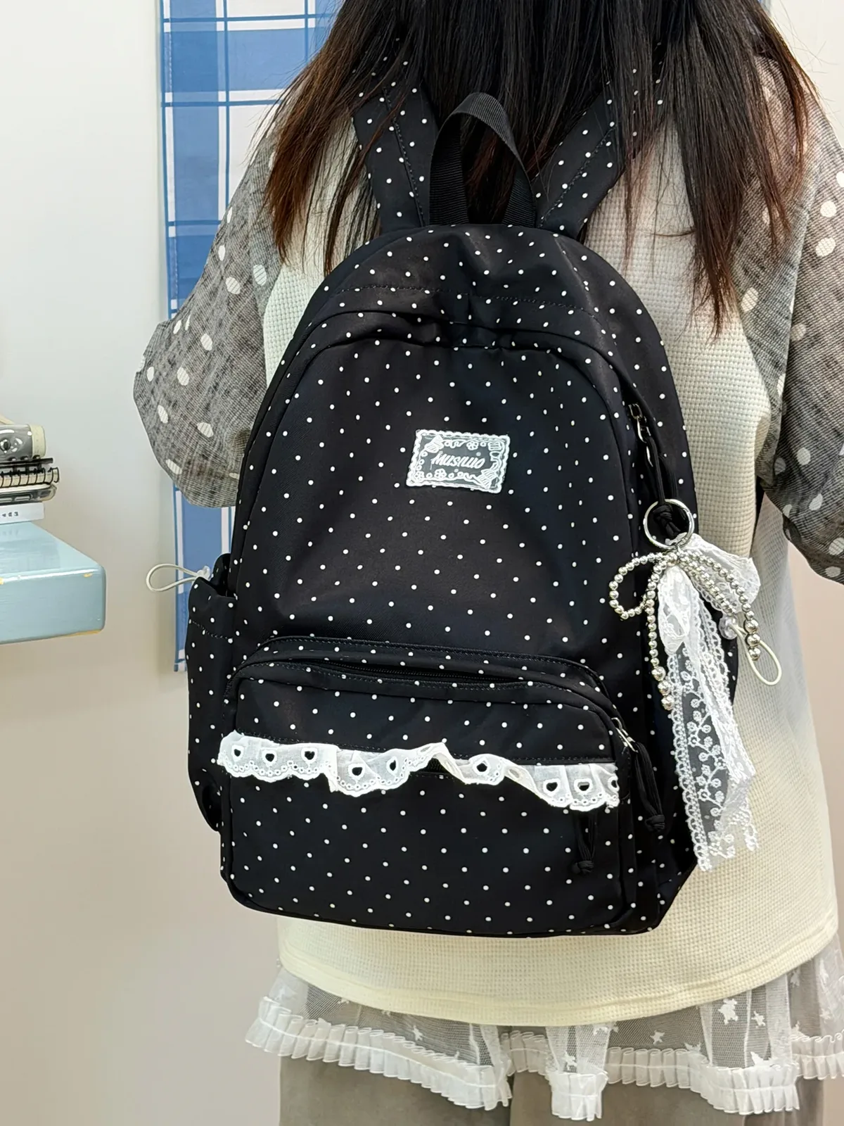 sac à dos à pois de style coréen, sac de voyage scolaire en nylon léger et mignon avec garniture en dentelle pour femmes