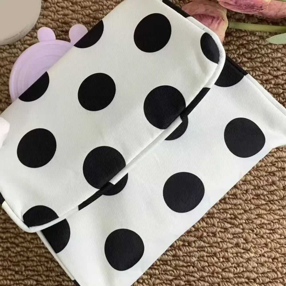 sac à cosmétiques portable en toile à pois, grande capacité avec miroir de maquillage, sac de rangement pour bijoux, sac simple à rayures pour petits articles