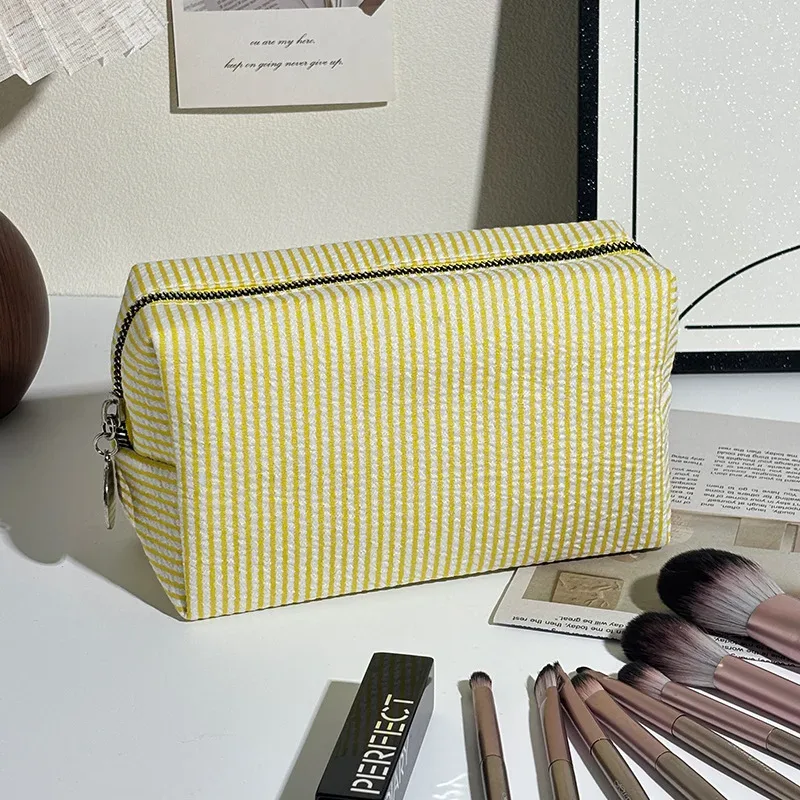 trousse de toilette rayée en mousseline bulle, sac de voyage portable, grande pochette de rangement pour maquillage, trousse de maquillage pour étudiant