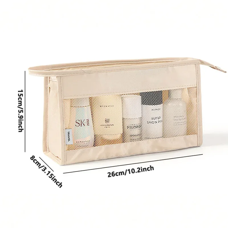 sac de voyage léger et respirant en maille pour femme, trousse de toilette portable transparente pour maquillage et soins de la peau