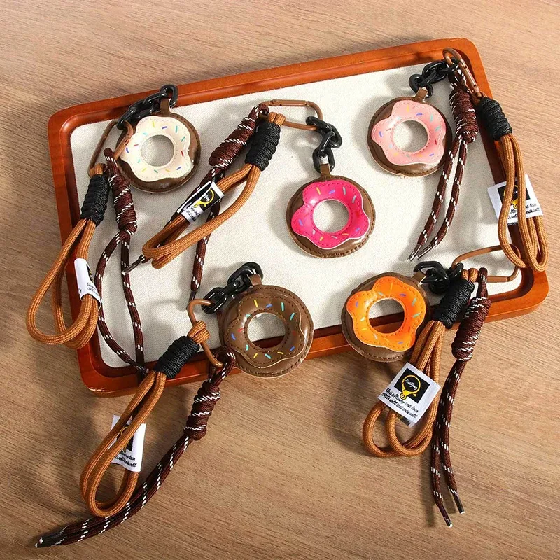 porte-clés créatif en cuir pu en forme de donut, pendentif de sac en corde tressée mignon, accessoires de décoration de sac à dos coréen simple et tendance, cadeau
