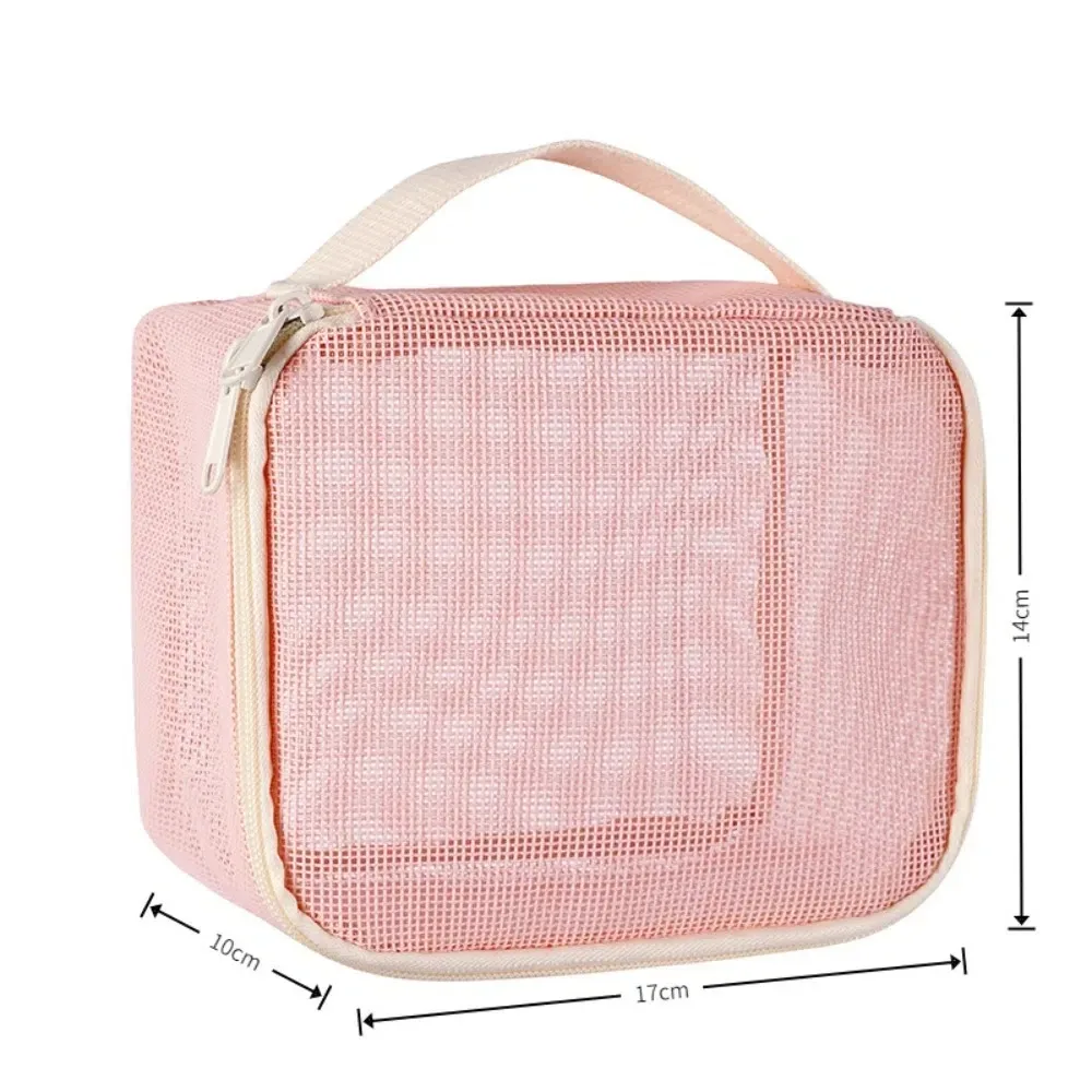 sac de maquillage en maille portable de grande capacité, sac de rangement de cosmétiques portatif de couleur unie, sac de rangement de toilette léger