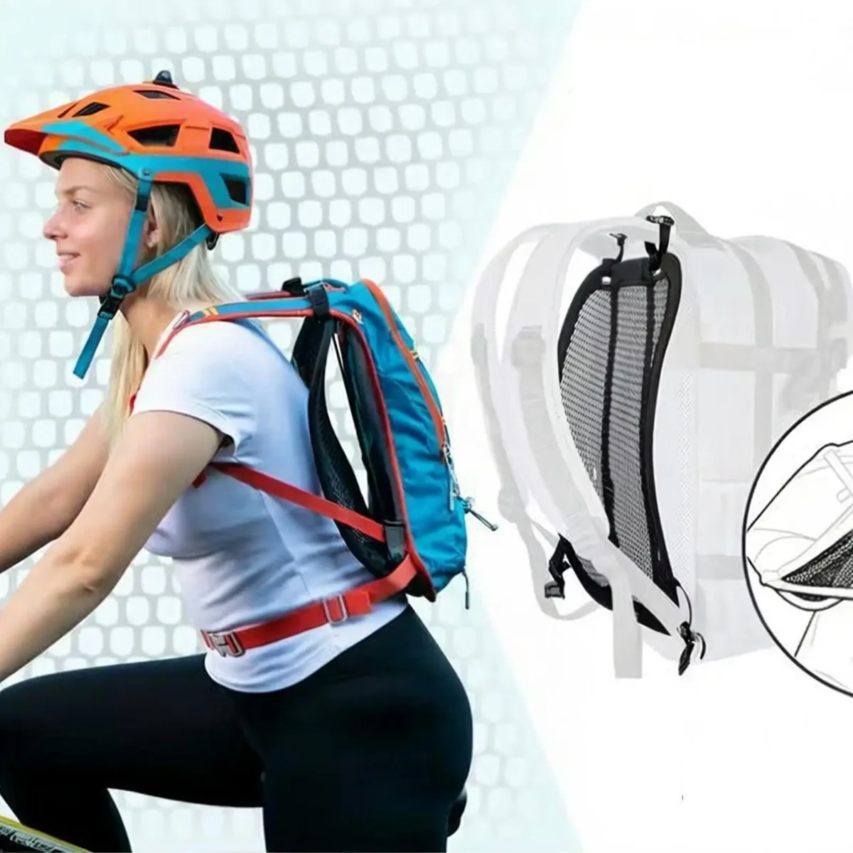 sac dos plastique structure maille hexagonale noire bandes fixation tissu noir jaune usage extérieur randonnée cyclisme