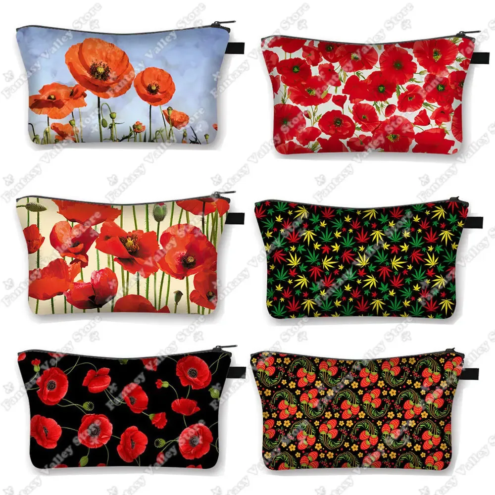 trousse polyester fleurs rouges beige fermeture glissière voyage cosmétiques maquillage organise toilette femmes décontracté