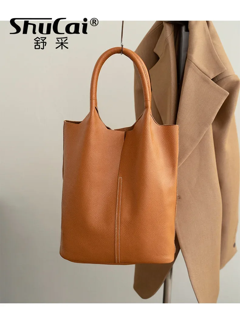 sac à main en cuir véritable pour femmes, fourre-tout de banlieue en cuir de vache souple, fourre-tout à bandoulière, grand sac seau de luxe de styliste