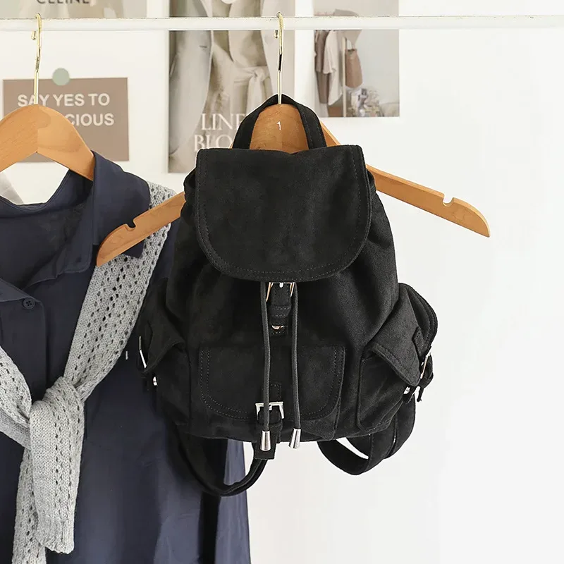 sac à dos en daim noir pour femme, sac à bandoulière décontracté pour trajets quotidiens, sac de voyage polyvalent pour femme, sac d'école, mochilas, bolsa
