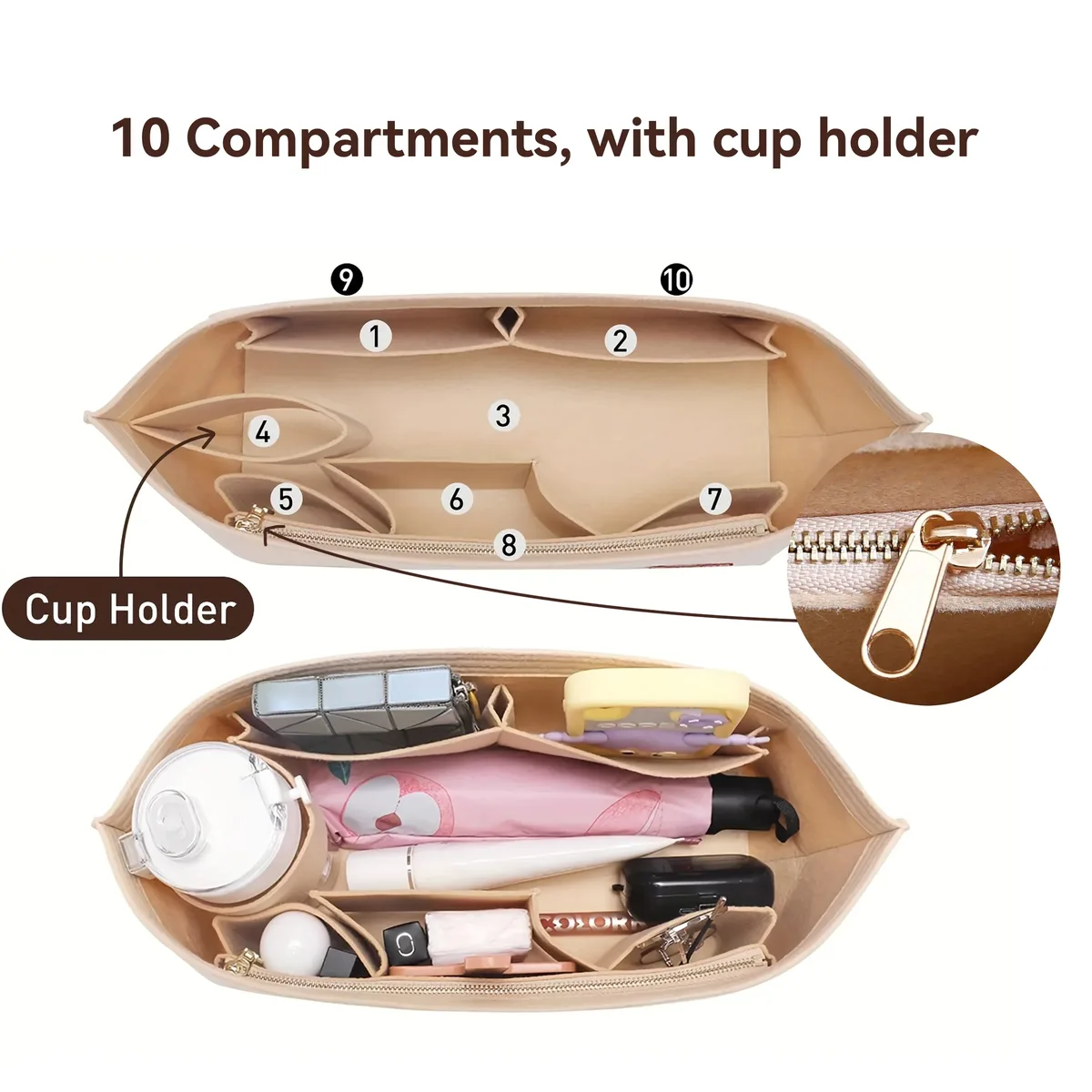 organisateur de sac à main en feutre avec fermeture éclair et 10 poches, grand format, pour sacs fourre-tout et sacs de voyage