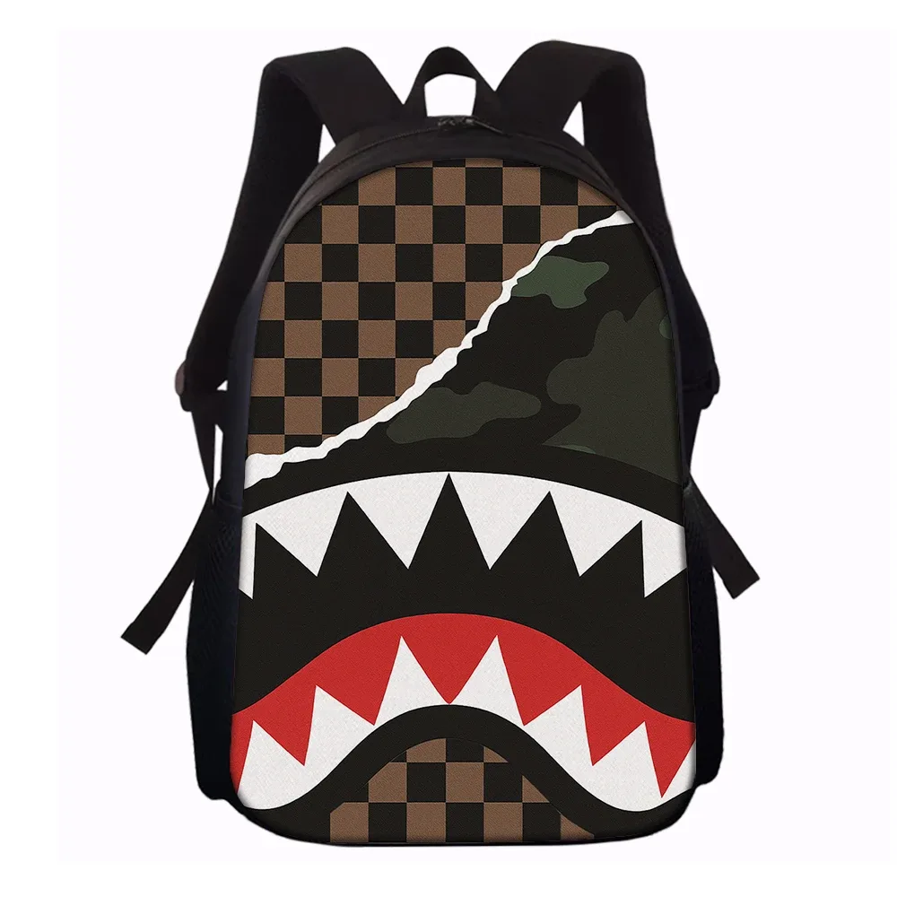 sac dos polyester requin dents camouflage carreaux bleu gris beige noir usage quotidien école aventures