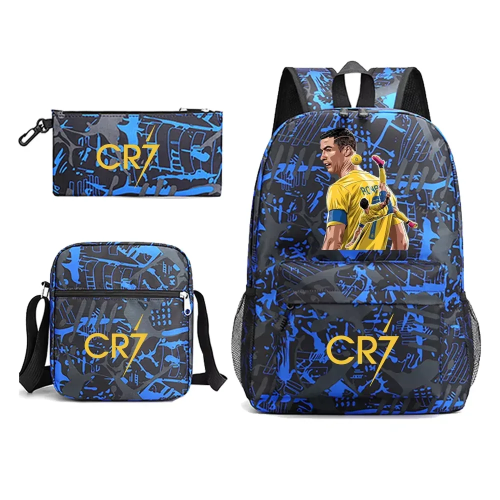 sac à dos ronaldo cr7 pour garçons et hommes, sac à bandoulière pour l'école, 3 pièces, trousse à crayons pour les fans, cadeau pour adolescents, garçons et filles, sac à dos de jour pour l'extérieur