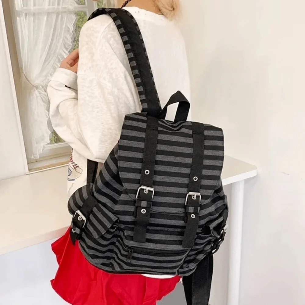 sac à dos rétro à rayures de grande capacité, style coréen y2k, sac d'école pour étudiants, sac multi-poches en nylon pour la randonnée et le camping, sac pour l'université