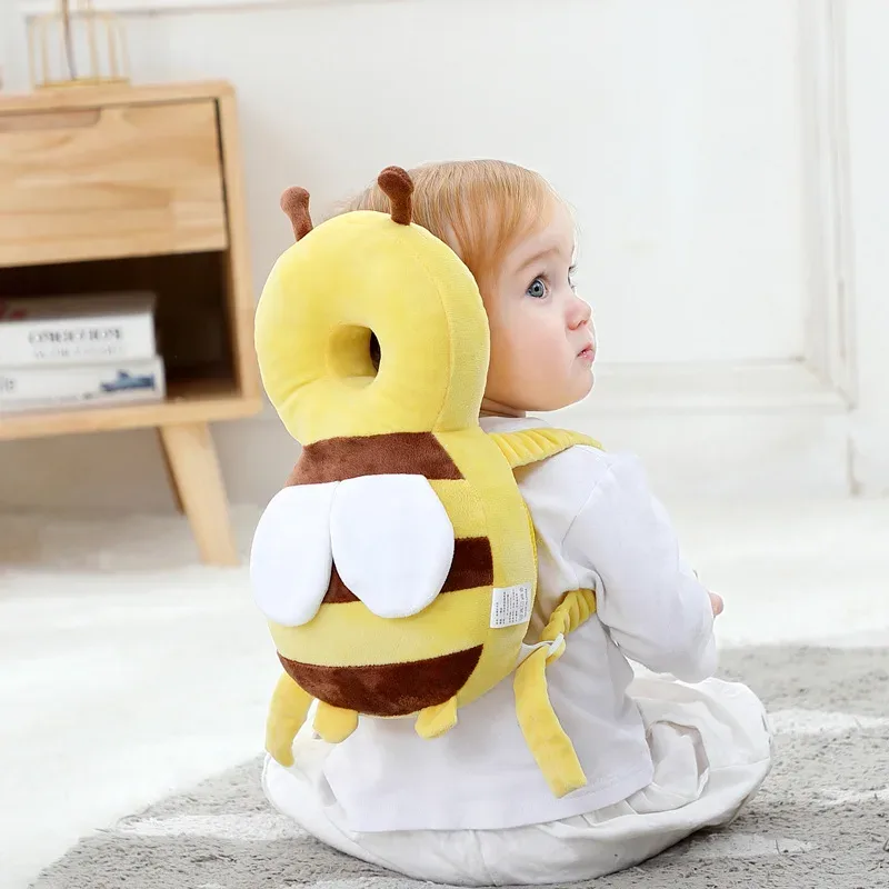 Coussin Sécurité Bébé Insecte Rayures Jaune Marron Oreilles Ailes Blancs Bandes Sécurité Tissu Doux Confortable