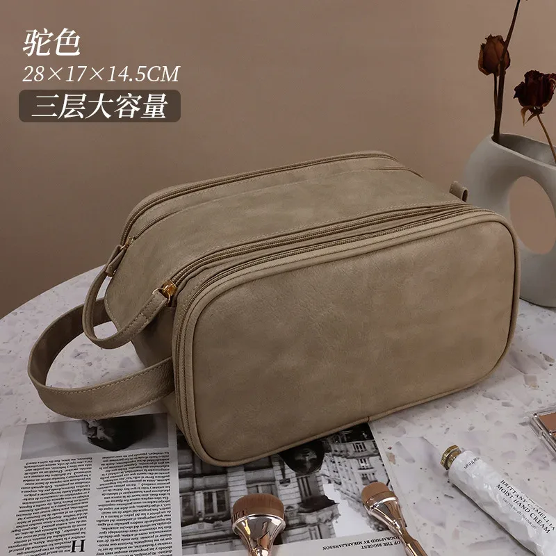 trousse de maquillage en cuir pu, grande capacité, sac de rangement de cosmétiques de voyage, sac à main portable pour femmes, trousse de toilette multifonction étanche