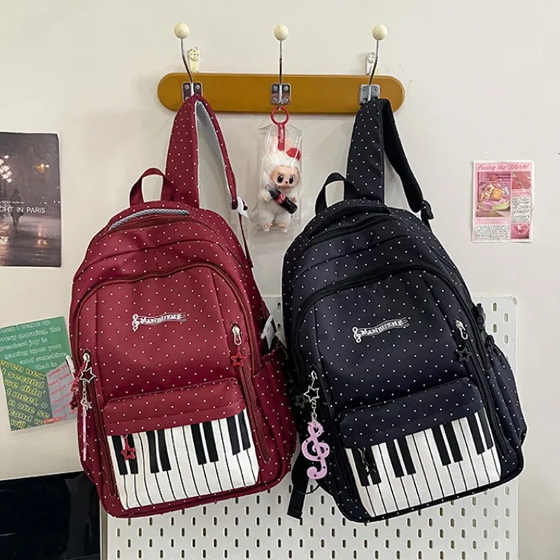 sac à dos d'étudiant grande capacité, sac à bandoulière double, imprimé à pois clavier de piano, sac de voyage scolaire, style coréen vintage
