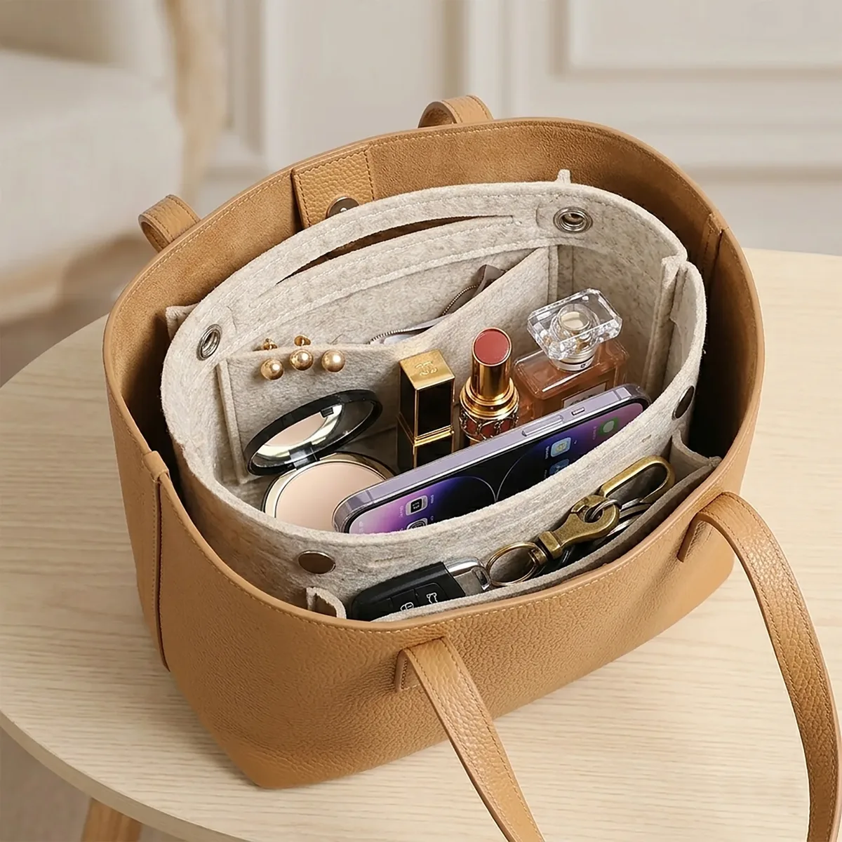 organisateur de sac à main en feutre ultra-fin avec fermeture à bouton-pression, sac de maquillage intégré avec plusieurs poches pour sac à main et sac fourre-tout