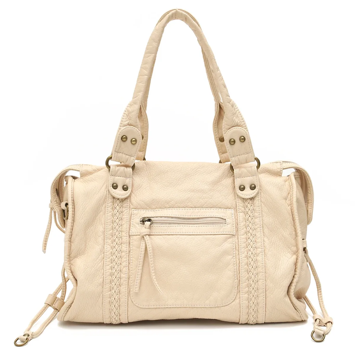 vintage lavé en cuir pu grande capacité fourre-tout poches zippées tresse décor épaule sac à bandoulière unisexe femmes voyage quotidien sac à main