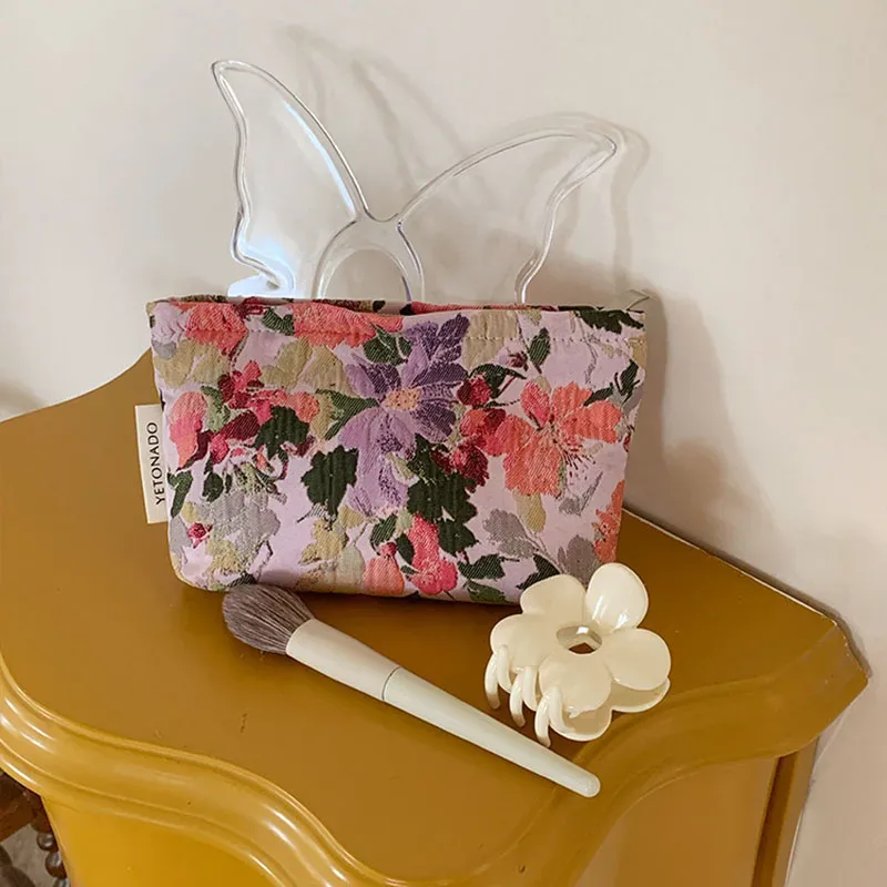 trousse de maquillage vintage à motifs floraux pour femme, pochette de voyage portable grande capacité, étui de rangement à fermeture éclair imprimé fleurs
