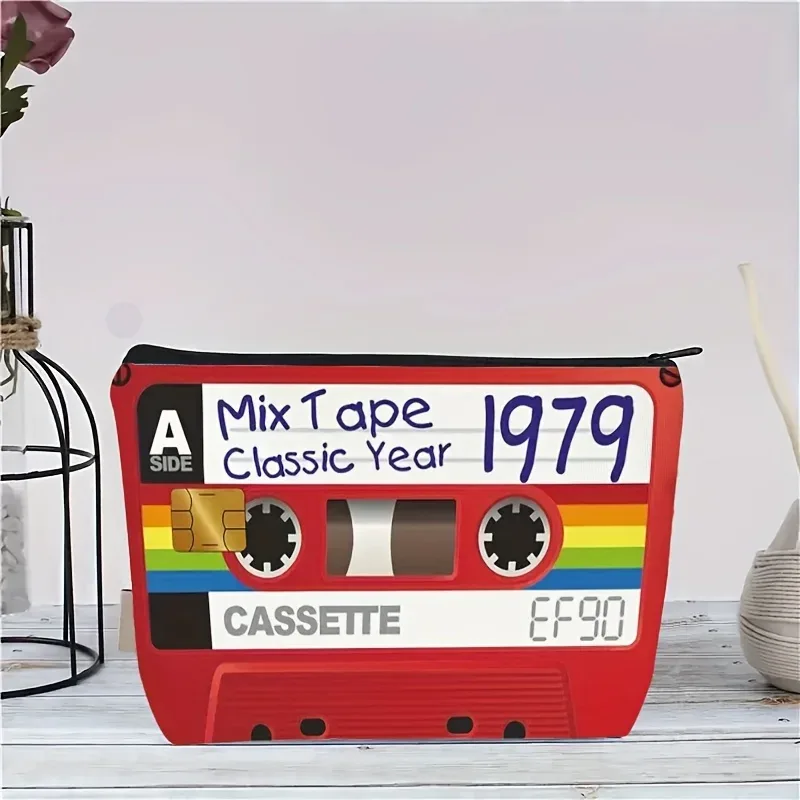 trousse de toilette de voyage pliable, style mixtape rétro, vintage, conception de ruban à cassette | pochette de rangement légère pour maquillage à fermeture éclair