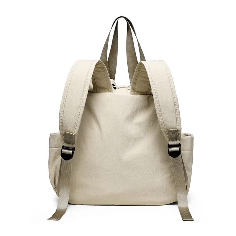 sac dos nylon beige orange jaune femelle trapézoïdale poignée amovible poches boutons glissière latérale voyage