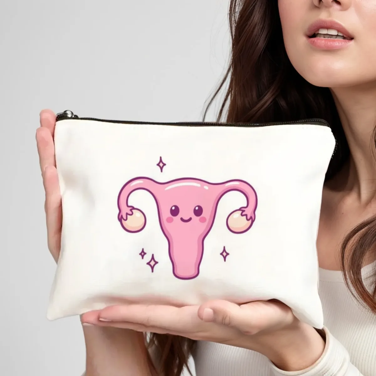 trousse de maquillage pour l'utérus de dessin animé mignon, portefeuille rose blush avec confettis souriants et cœur, cadeau idéal amusant pour les obgyn et les médiums