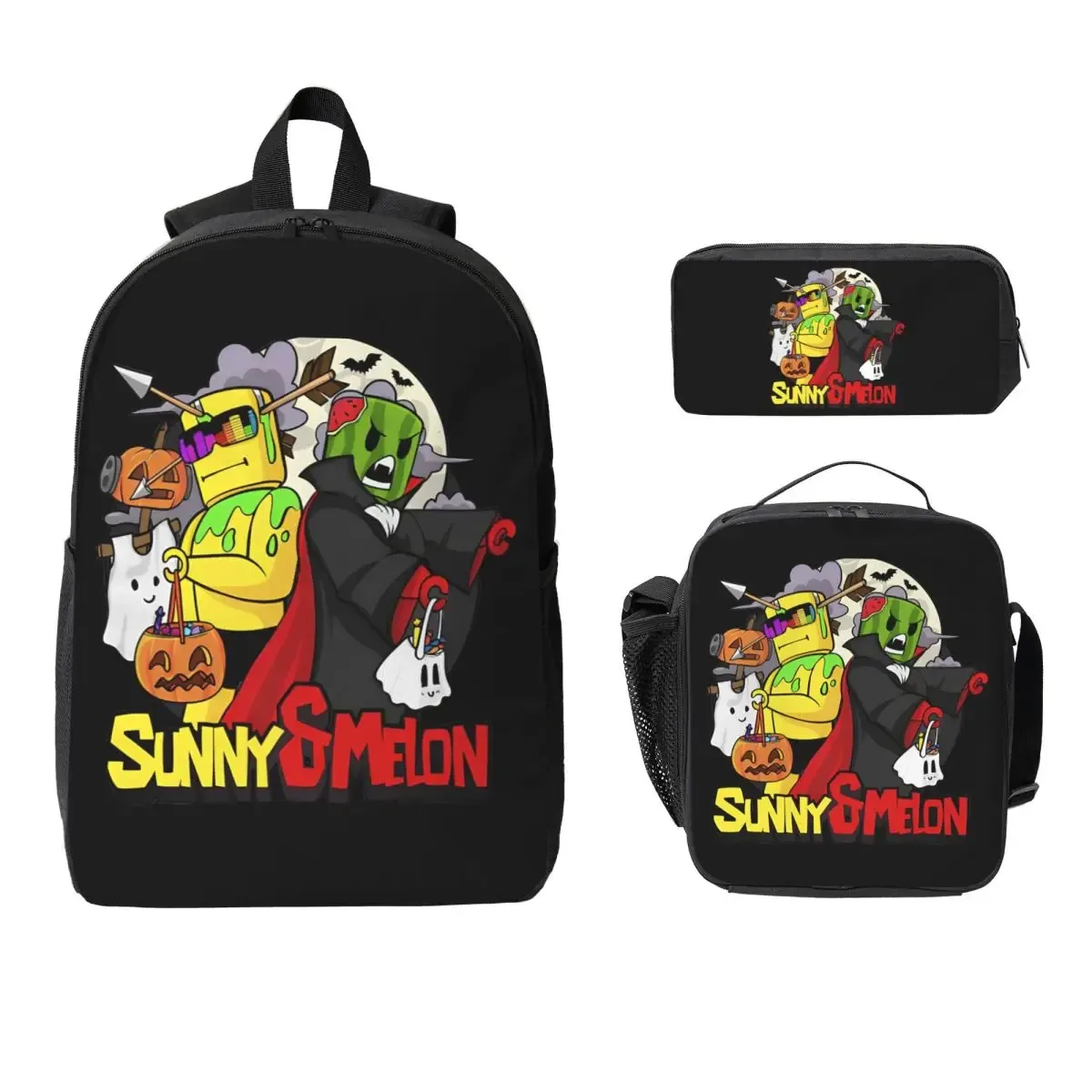 sac à dos sunny and melon pour garçons et filles, sac d'école, sac à bandoulière pour ordinateur portable, 3 pièces, sac à déjeuner isotherme, trousse à crayons