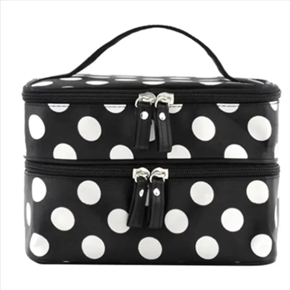 sac de maquillage double couche tendance, grande capacité, à pois, trousse de toilette portable, étui de maquillage de voyage