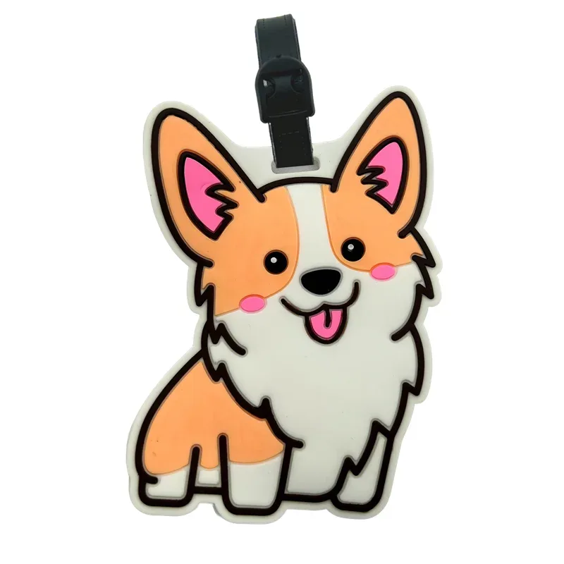 étiquette bagage plastique chien corgi peluche blanche orange yeux roses accessoire voyage identification valise nom adresse