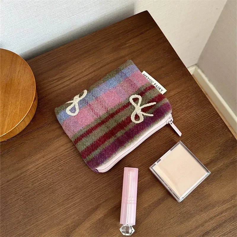 sac de maquillage à carreaux doux pour la saint-valentin, nouvel an, organisateur d'arc en tweed, trousse de toilette de grande capacité, pochette de transport à main portable