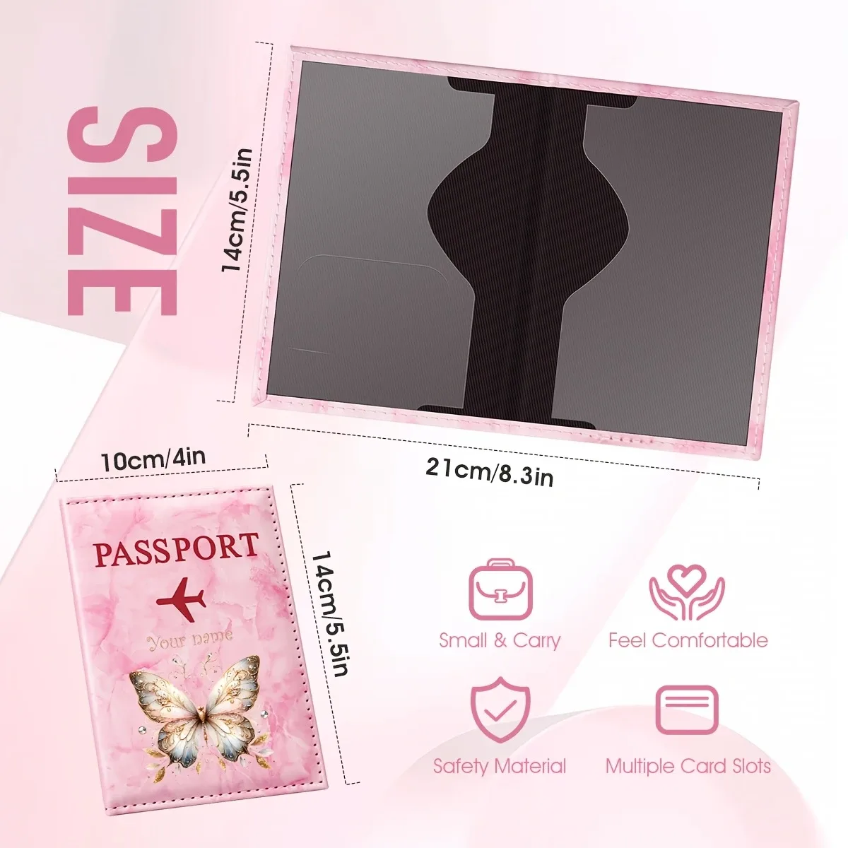 porte-passeport personnalisé avec nom, style rétro, motif papillon, en pu, avec un magnifique mélange de motifs papillon